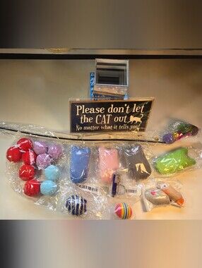 Please Don't Let the Cat Out, No Matter What it Says' Plaque and Cat Toys Bundle